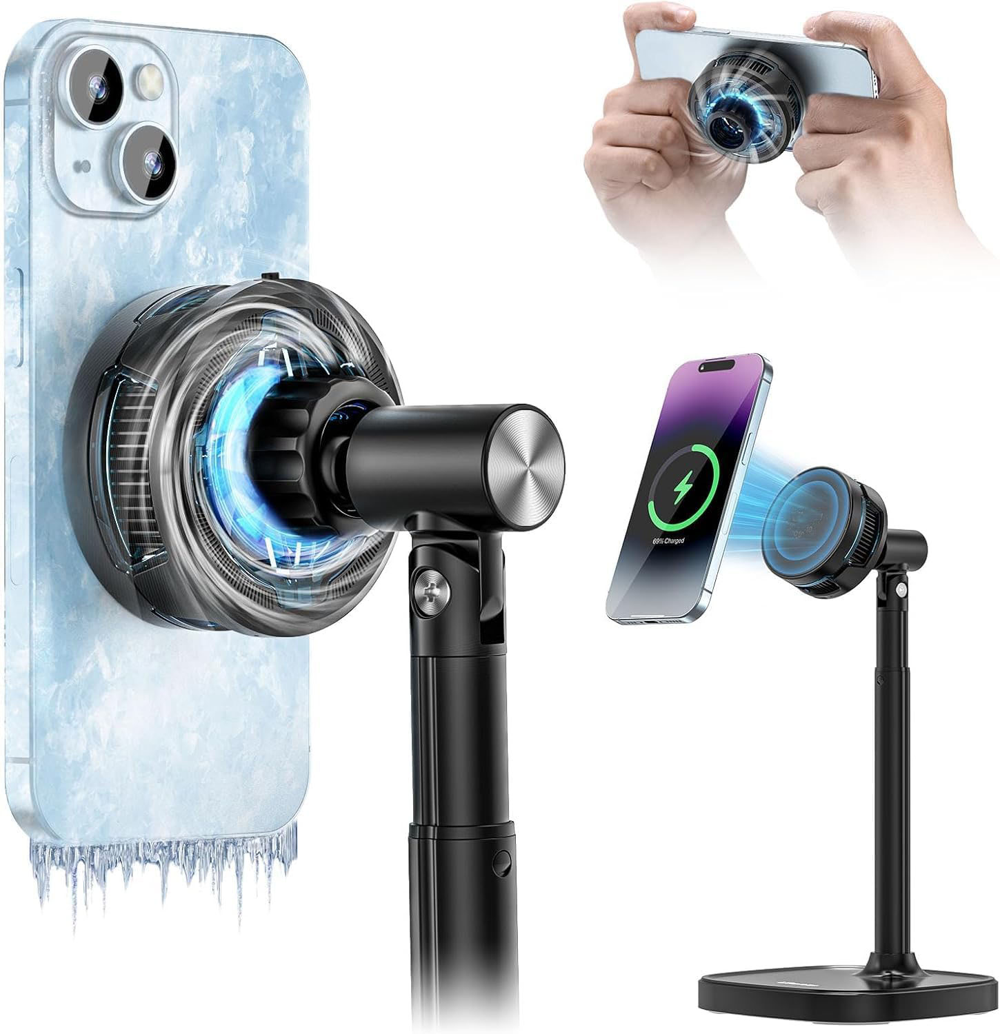 3 in 1 Magnetic Cell Phone Stand with Cooling Fan and Wireless Charger for iPhone, Height Adjustable